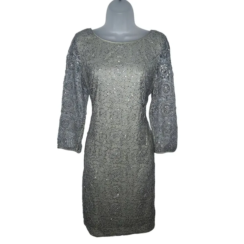 Adrianna Papell Lace Overlay Dress Metallic Sequin Long Sleeve 12 Formal Evening